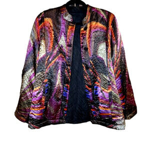 Chico's‎ Womens Size 10 Reversible Satin Button-Up Blazer Cardigan Multicolor